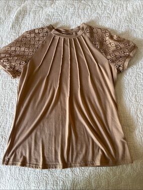 Pleated Front Lace Sleeve Short Sleeve Top - Tan